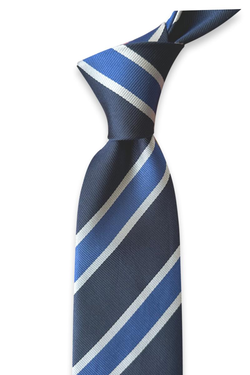 Navy jacquard silk tie with blue diagonal bands bordered by narrow silver-toned stripes