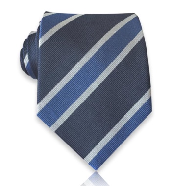 Navy jacquard silk tie with blue diagonal bands bordered by narrow silver-toned stripes