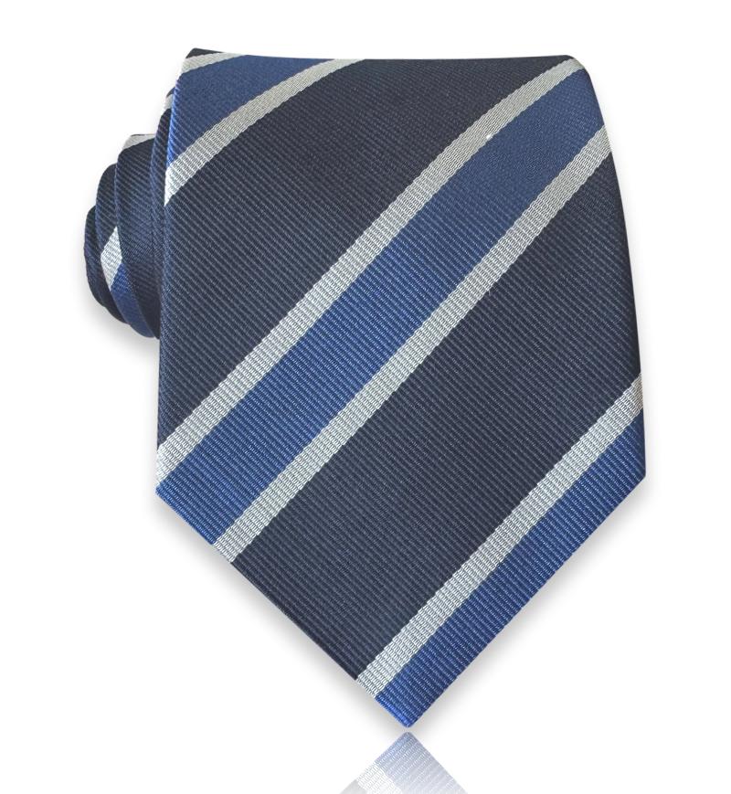 Navy jacquard silk tie with blue diagonal bands bordered by narrow silver-toned stripes