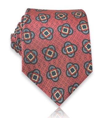 reddish-brown silk twill tie with navy and ivory ornamental medallions and small geometric details