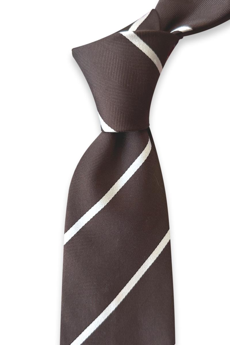 Chocolate-brown jacquard silk tie with tonal herringbone texture and narrow off-white diagonal stripes