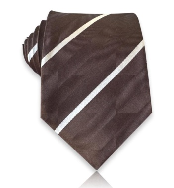 Chocolate-brown jacquard silk tie with tonal herringbone texture and narrow off-white diagonal stripes