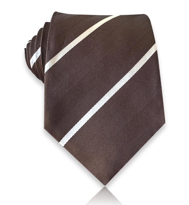 Chocolate-brown jacquard silk tie with tonal herringbone texture and narrow off-white diagonal stripes