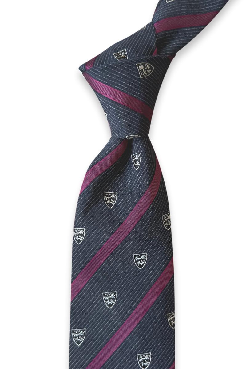 Anthracite-gray jacquard silk tie with burgundy diagonal stripes, fine silver-toned lines, and shield motifs
