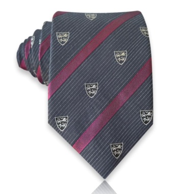 Anthracite-gray jacquard silk tie with burgundy diagonal stripes, fine silver-toned lines, and shield motifs
