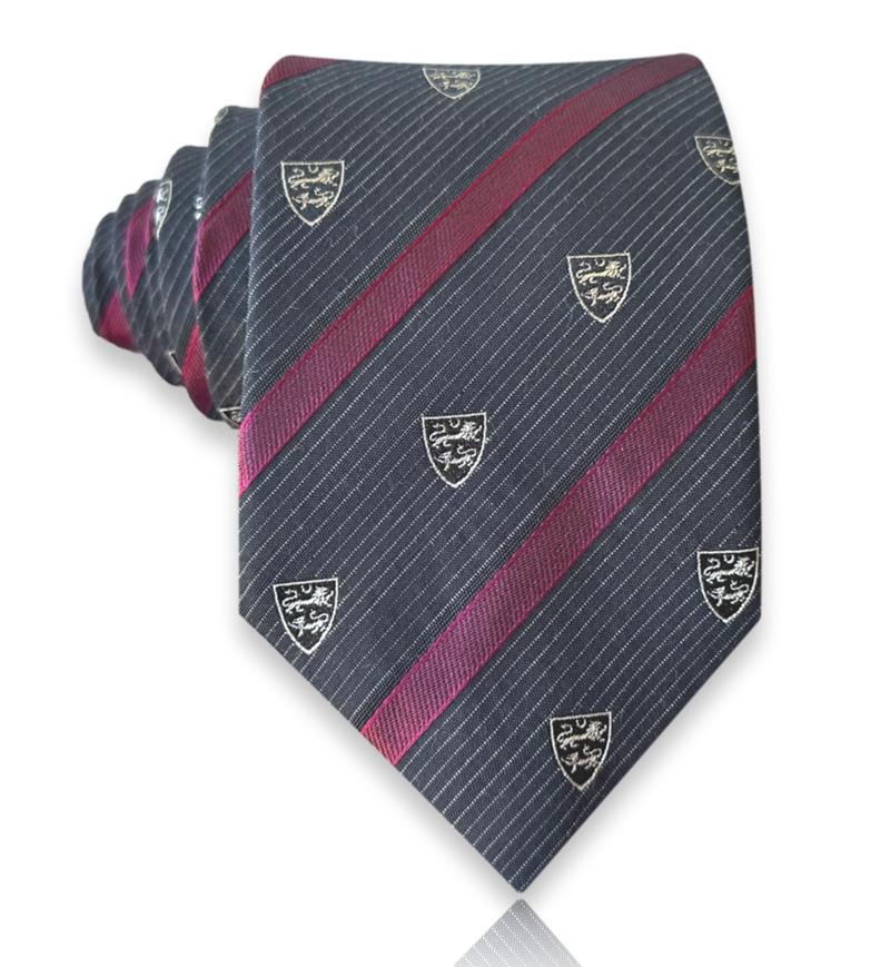 Anthracite-gray jacquard silk tie with burgundy diagonal stripes, fine silver-toned lines, and shield motifs