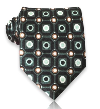 Dark green satin silk tie with mint green and ivory octagonal motifs and bronze circular accents