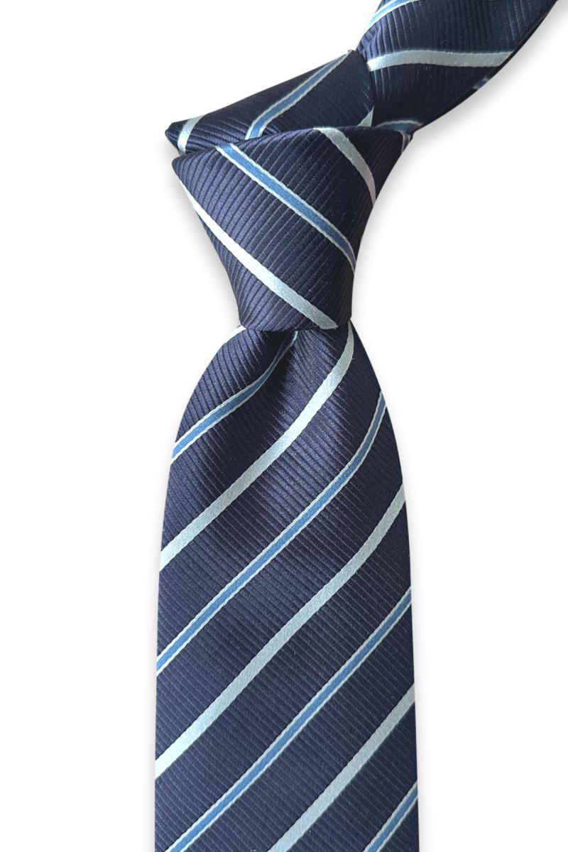 navy jacquard silk tie with alternating light blue and narrow blue diagonal stripes