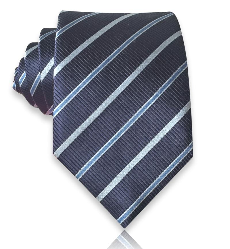 navy jacquard silk tie with alternating light blue and narrow blue diagonal stripes