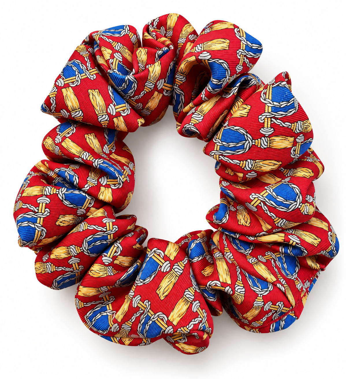 Rosso Tassel red silk scrunchie with blue and gold pattern