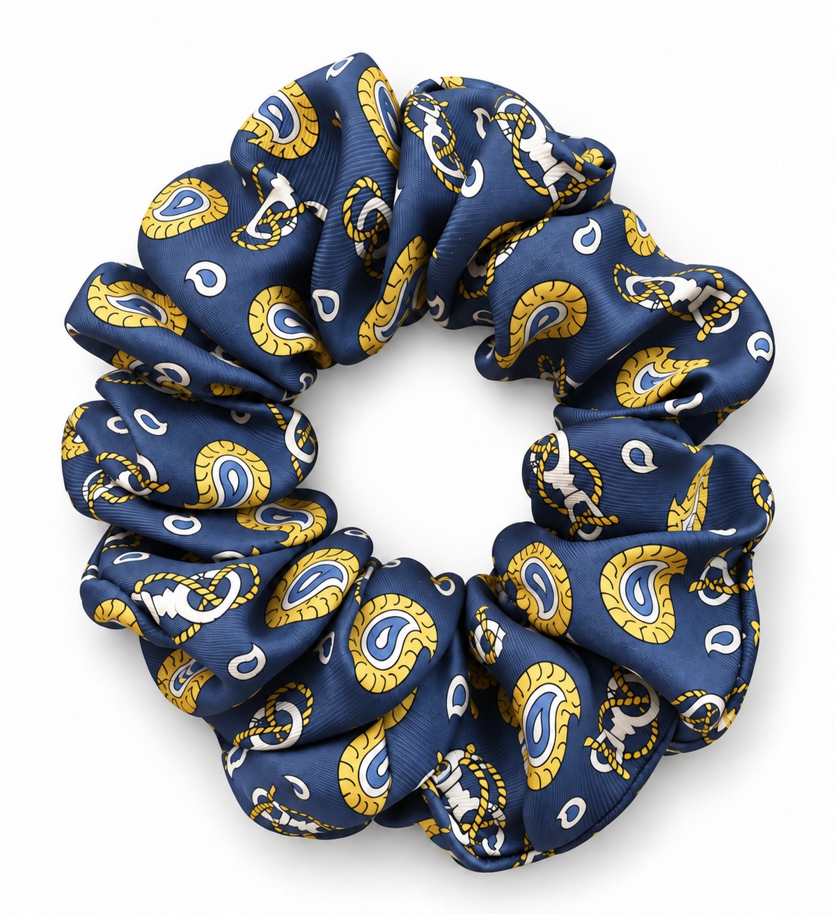 Navy Paisley silk scrunchie with gold and light blue pattern