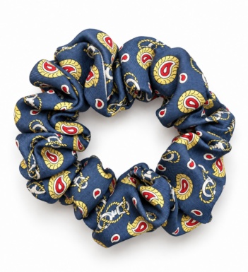 Navy Ruby Paisley silk scrunchie with gold and red pattern