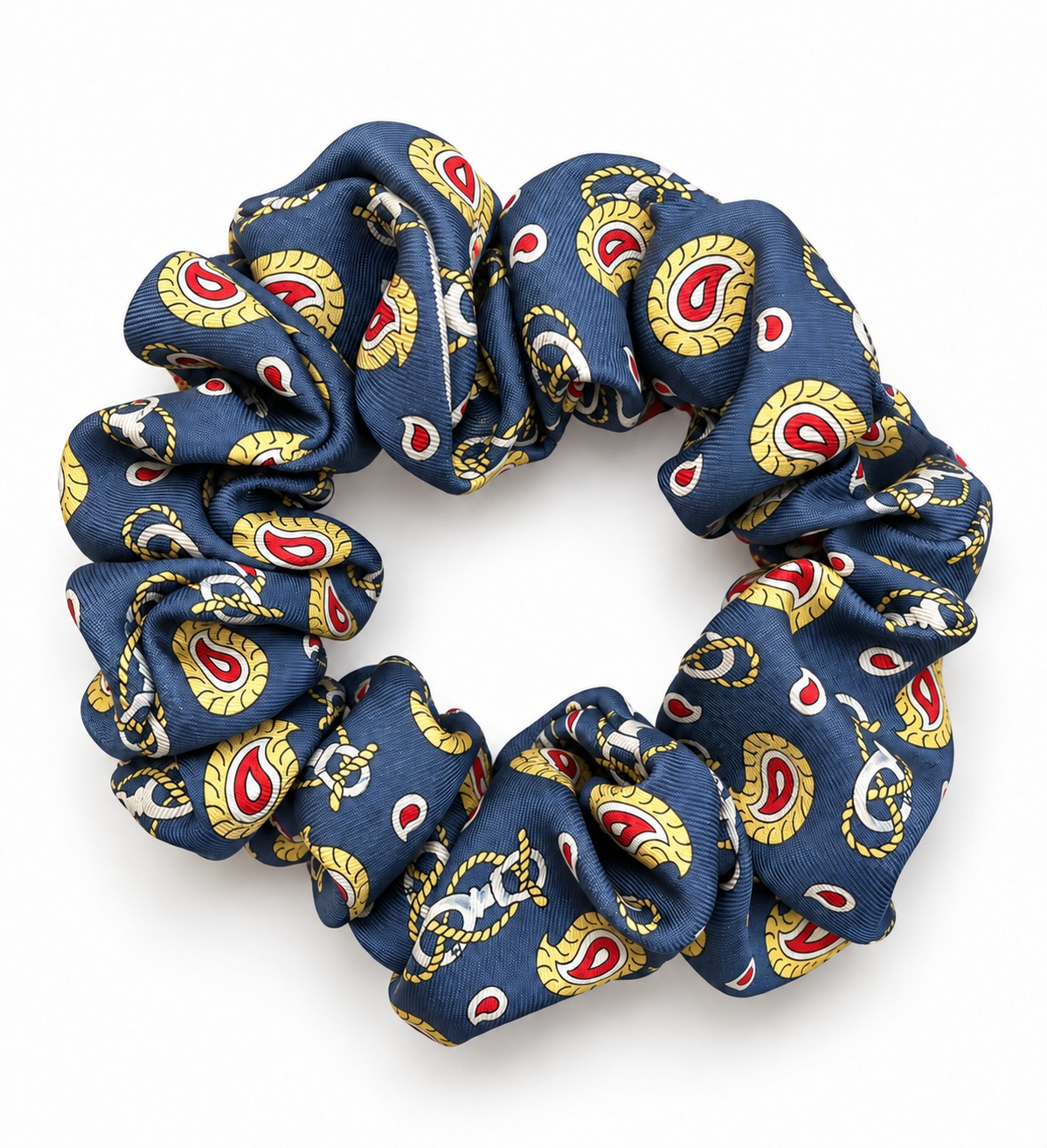 Navy Ruby Paisley silk scrunchie with gold and red pattern