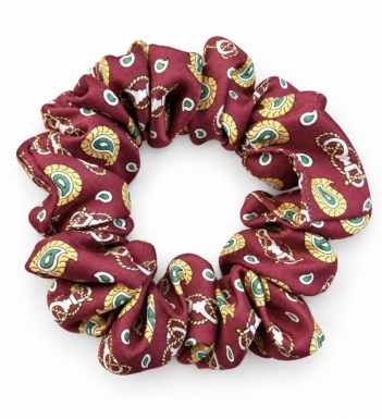 Bordeaux Verde burgundy silk scrunchie with gold and green paisley pattern