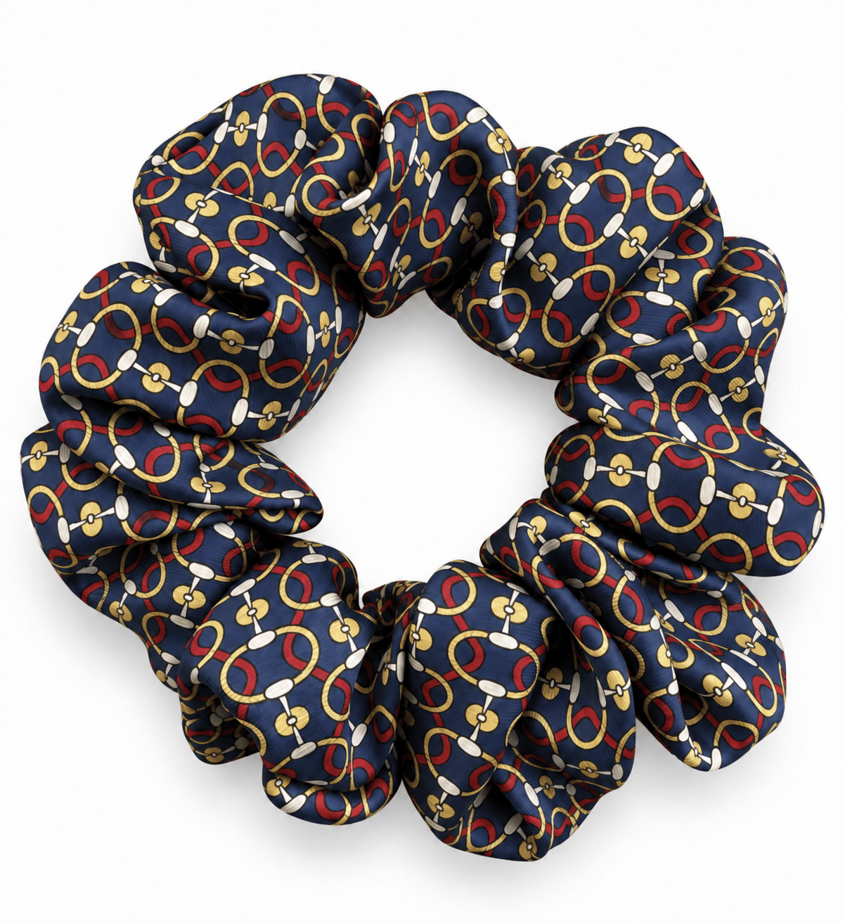 Navy Equestrian silk scrunchie with burgundy and gold pattern