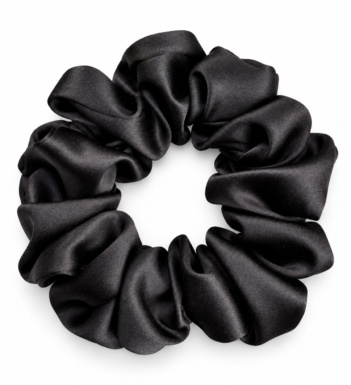Noir black silk scrunchie on white background